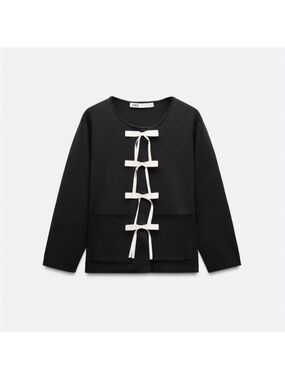 ZARA Black Top with light pink  Ribbon Tie Detail